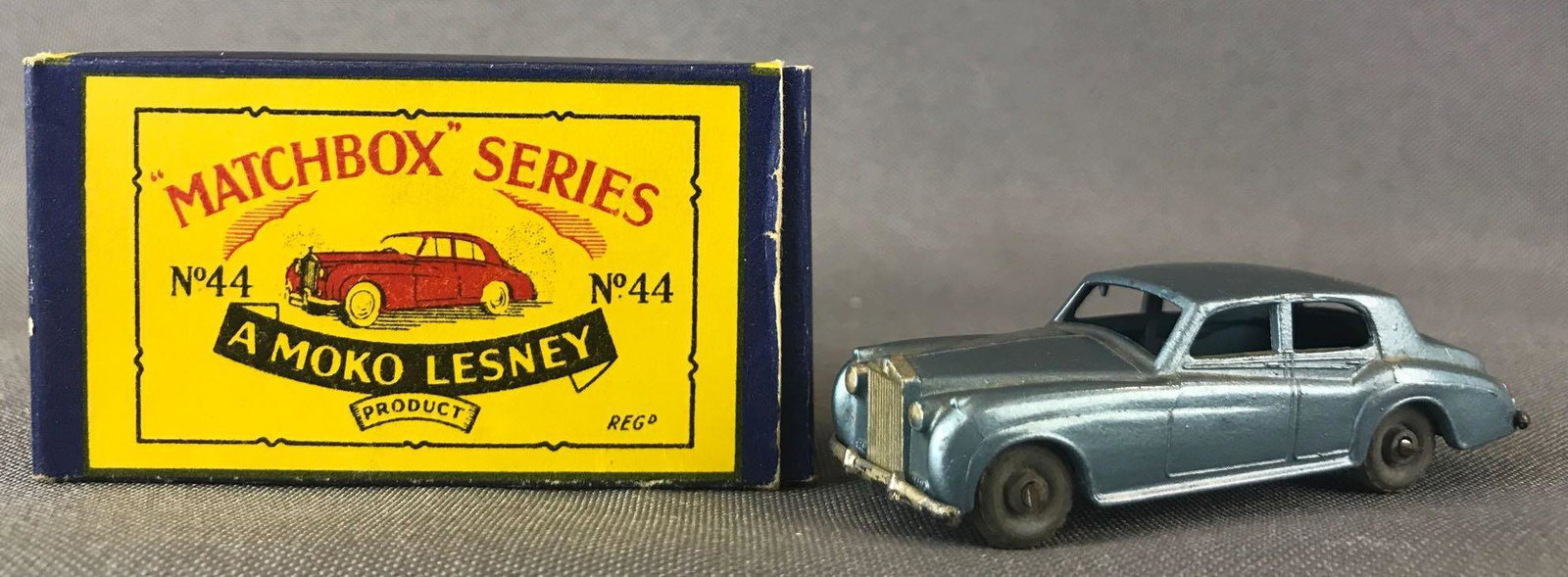Matchbox No. 44 Rolls-Royce Silver Cloud Die-Cast: Light blue body, metal wheels. A Moko Lesney Product. Made in England, B Box