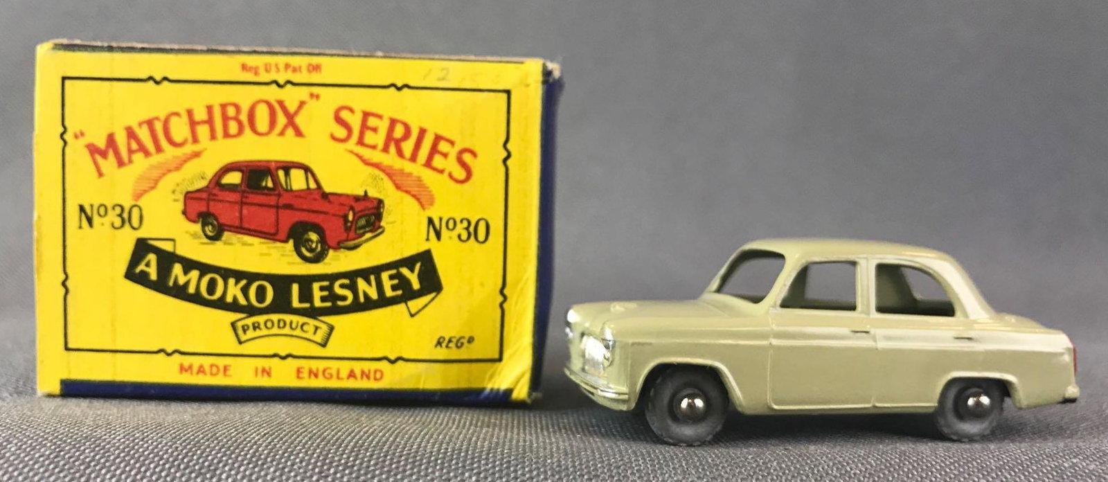 Matchbox No. 30 Ford Prefect Die-Cast Vehicle with: Light tan body, metal wheels. Some box damage. A Moko Lesney Product. Made in England, B Box