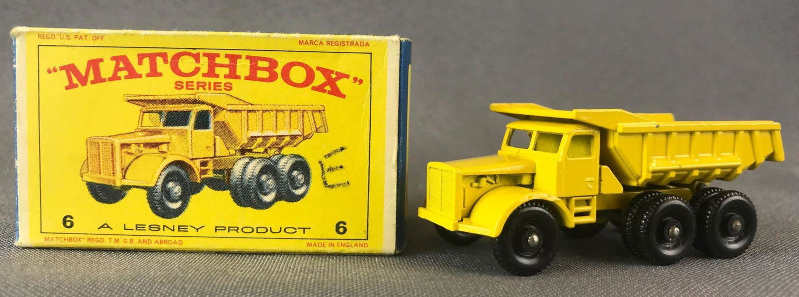 Matchbox No. 6 Euclid Quarry Truck Die-Cast Vehicle: Yellow body, BPW. A Lesney Product. Made in England, E BoxÊ
