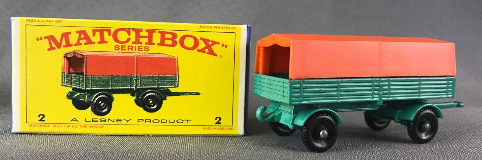 Matchbox No. 2 Mercedes Trailer Die-Cast Vehicle with: Green body, BPW. A Lesney Product. Made in England, E Box
