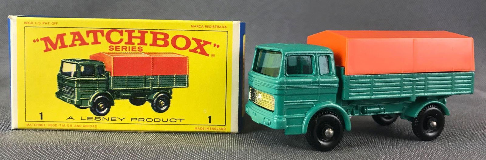 Matchbox No. 1 Mercedes Truck Die-Cast Vehicle with: Green body, blue/green windows, BPW. A Lesney Product. Made in England, E Box