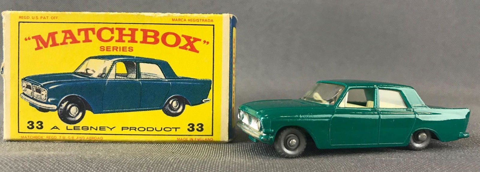 Matchbox No.33 Ford Zephyr Die-Cast Vehicle with: Teal body, BPW. A Lesney Product. Made in England, E Box