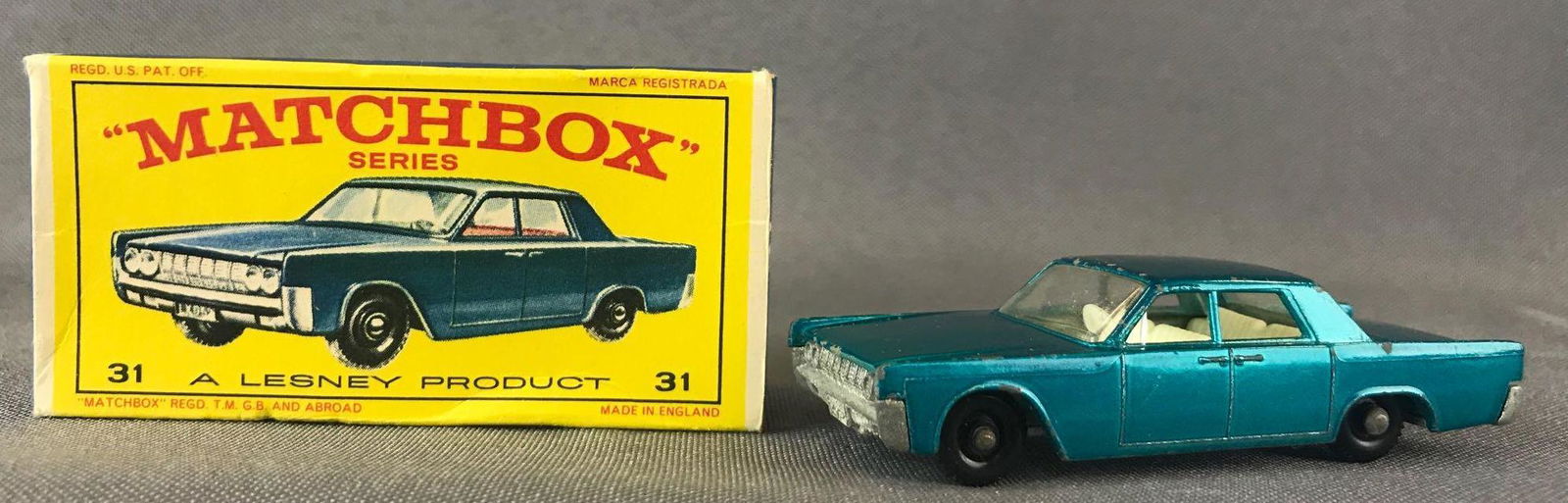 Matchbox No. 31 Lincoln Continental Die-Cast Vehicle: Turquoise body, BPW. A Lesney Product. Made in England, E Box