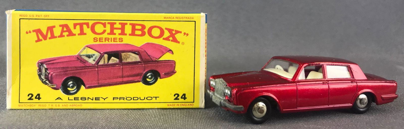 Matchbox No. 24 Rolls-Royce Silver Shadow Die-Cast: Red body, BPW. A Lesney Product. Made in England, E Box