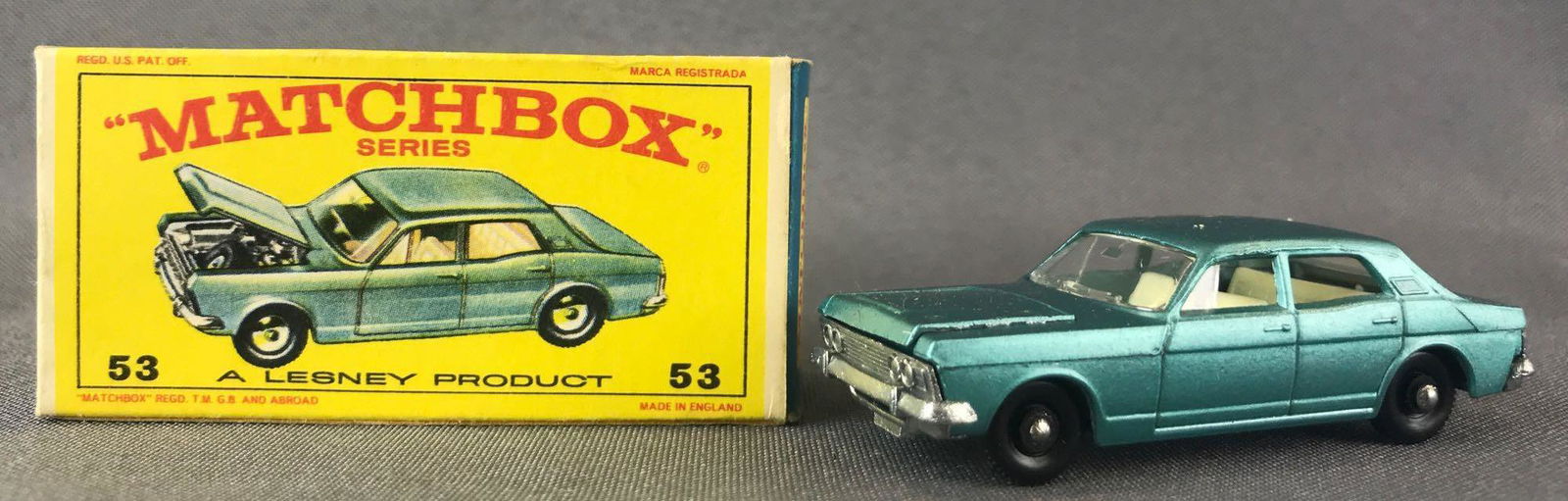 Matchbox No. 53 Ford Zodiac MK III Die-Cast Vehicle: Turquoise body, BPW. A Lesney Product. Made in England, E Box