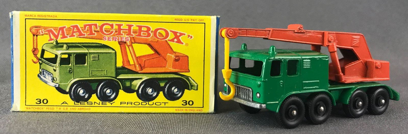 Matchbox No. 30 8-wheel Crane Die-Cast Vehicle with: Green body, BPW. A Lesney Product. Made in England, E Box