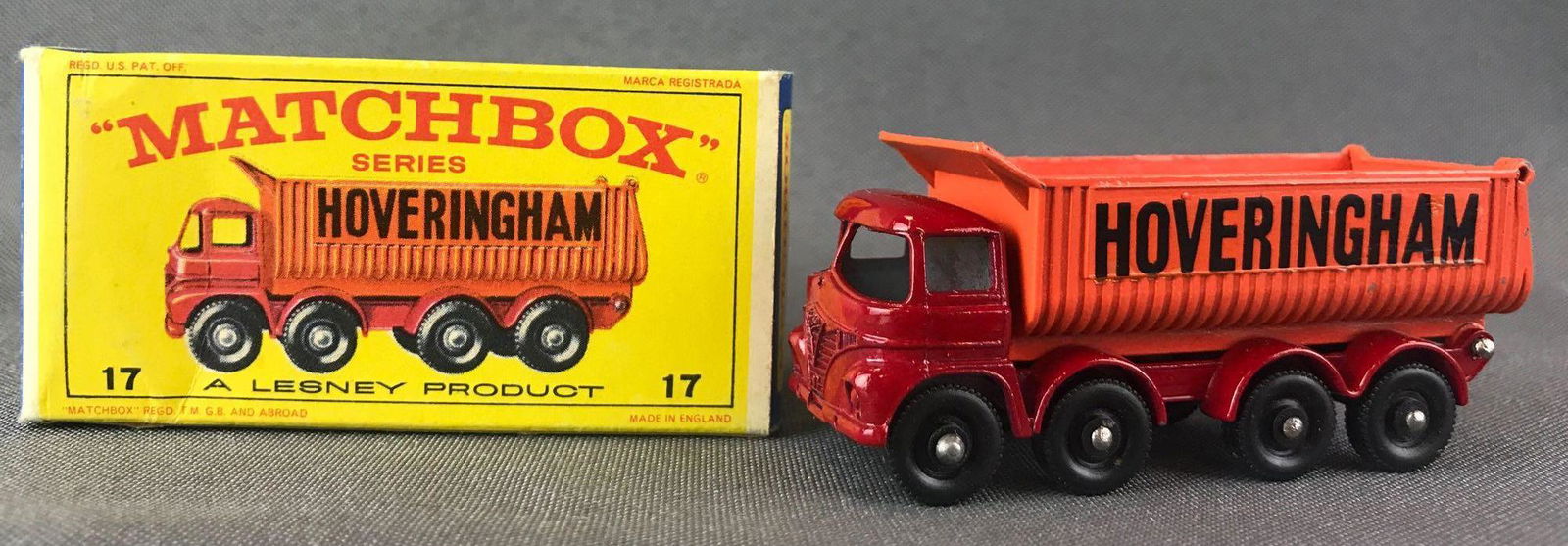 Matchbox No. 17 8-Wheel Tipper Die-Cast Vehicle with: Red body, BPW, Hoveringham decals. A Lesney Product. Made in England, E Box