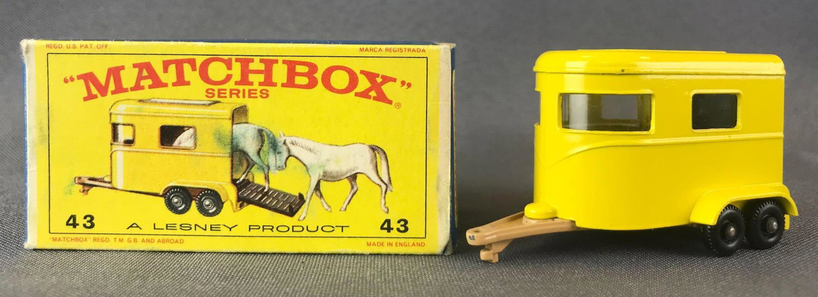 Matchbox No. 43 Pony Trailer Die-Cast Vehicle with: Yellow body, tan base, BPW. No ponies. A Lesney Product. Made in England, E Box
