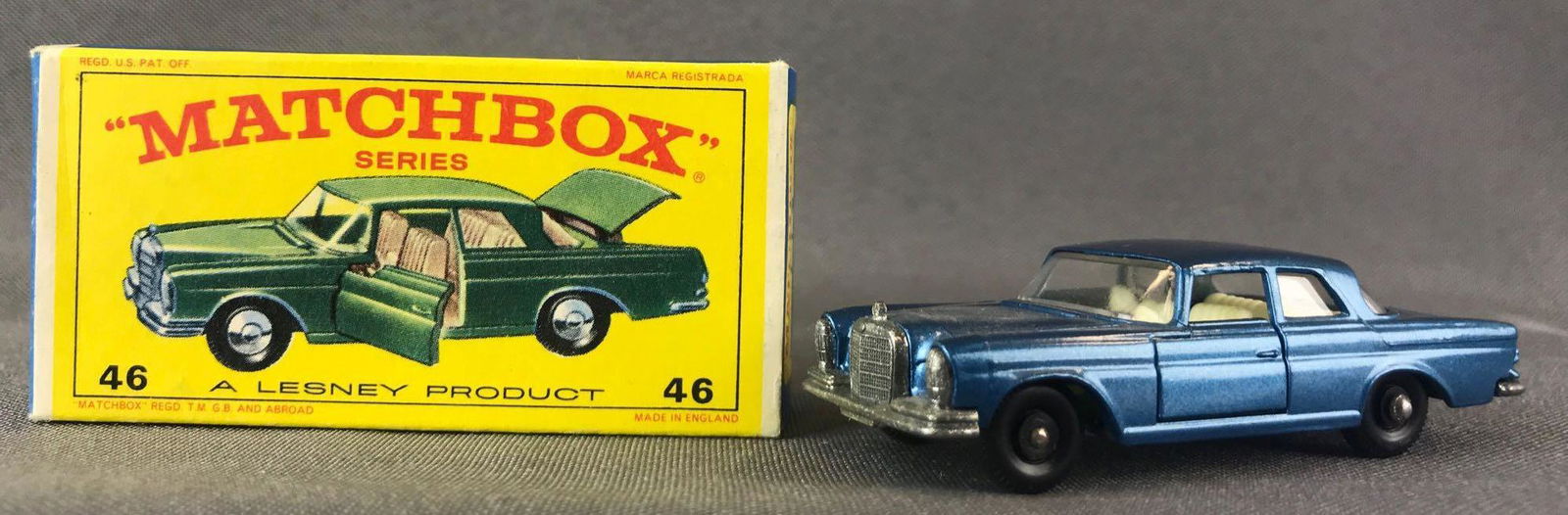 Matchbox No. 46 Mercedes 300 SE Coupe Die-Cast Vehicle: Blue body, BPW. A Lesney Product. Made in England, E Box