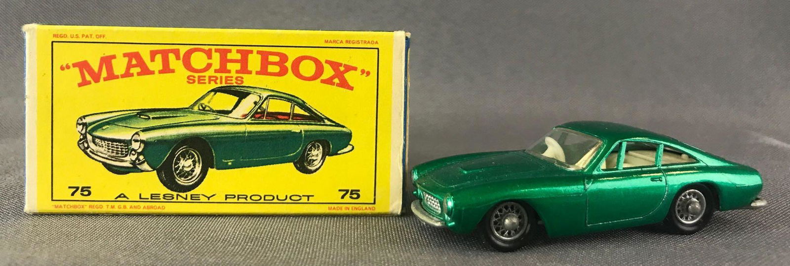 Matchbox No. 75 Ferrari Berlinetta Die-Cast Vehicle: Green body, BPW. A Lesney Product. Made in England, E Box