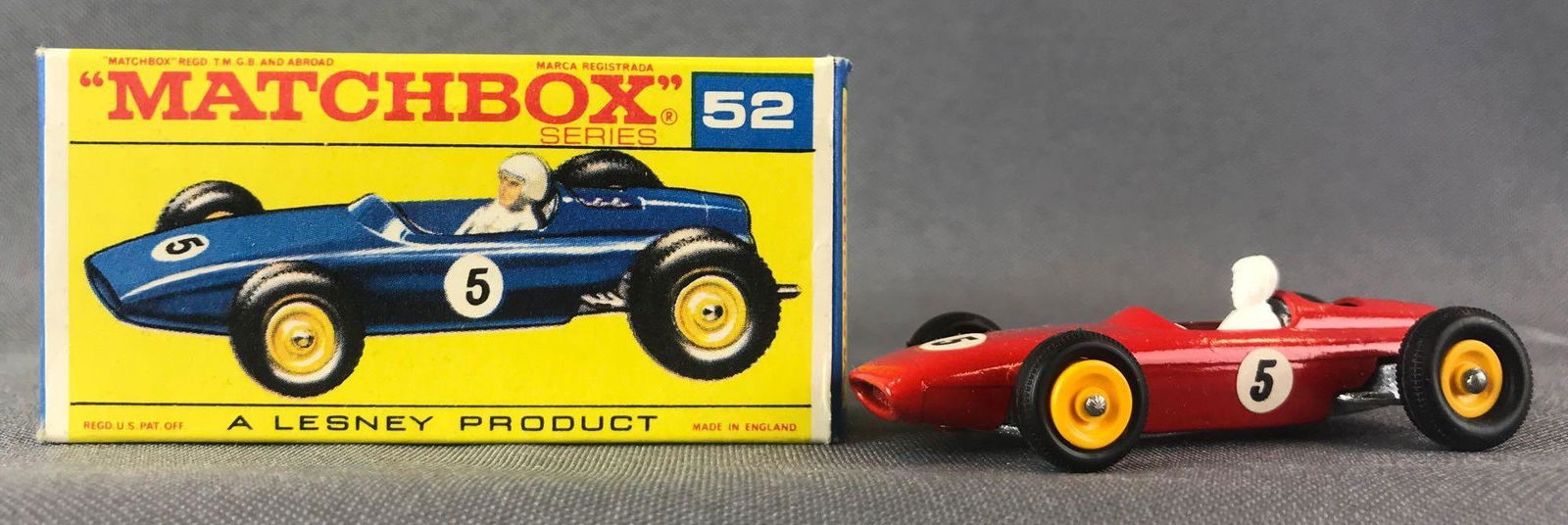 Matchbox No. 52 B.R.M. Racing Car Die-Cast Vehicle with: Red body, BPW. A Lesney Product. Made in England, F BoxÊ