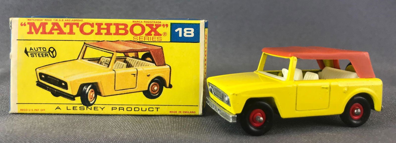 Matchbox No. 18 Field Car Die-Cast Vehicle with: Yellow body, BPW. A Lesney Product. Made in England, F Box