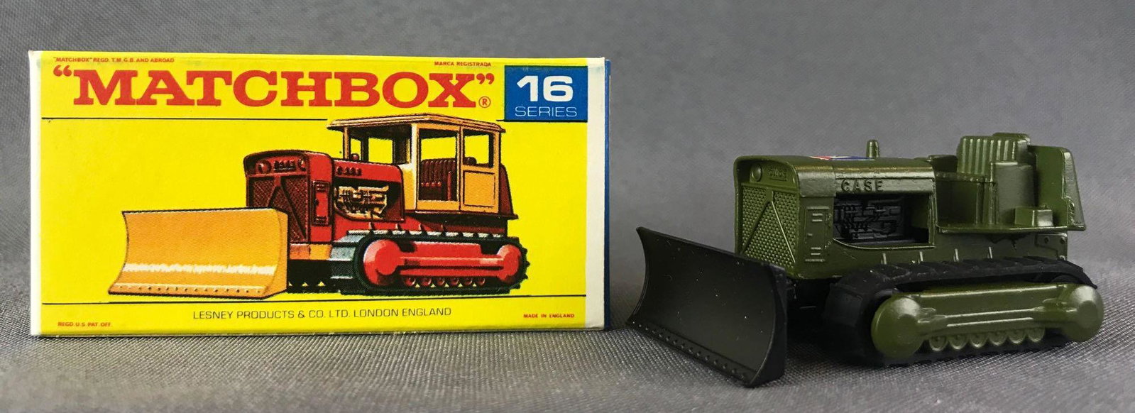 Matchbox No. 16 Case Tractor Die-Cast Vehicle with: Green body, blue/red/white ÒAÓ decal. A Lesney Product. Made in England, F Box