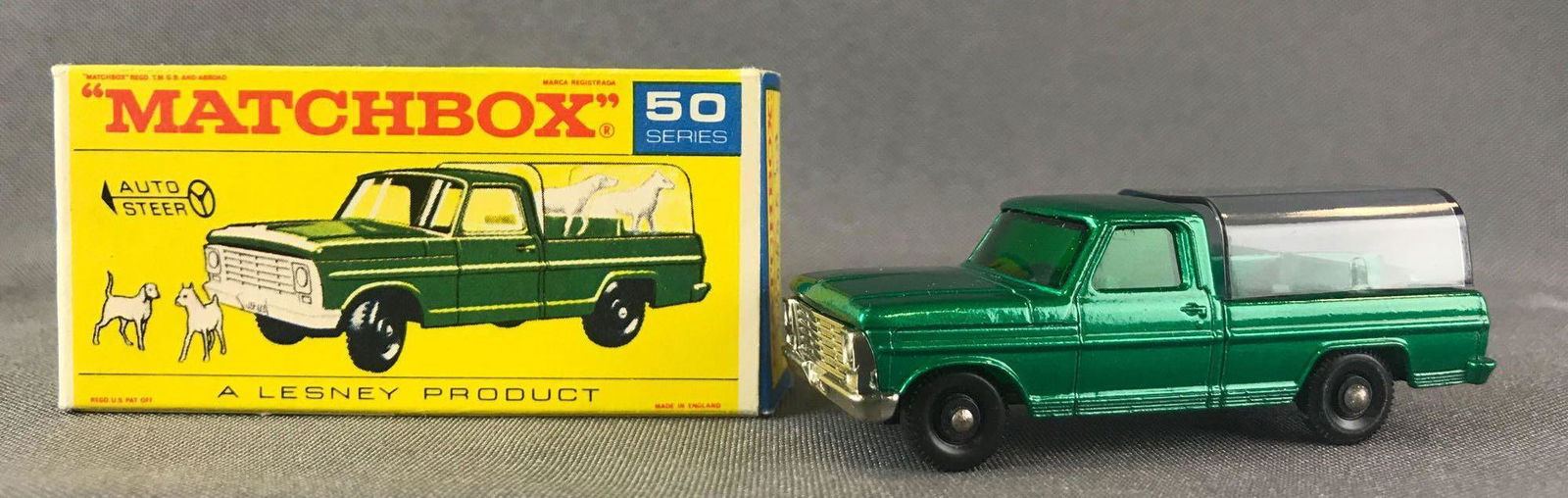 Matchbox No. 50 Kennel Truck Die-Cast Vehicle with: Green body, green windows, BPW, no dogs. A Lesney Product. Made in England, F Box