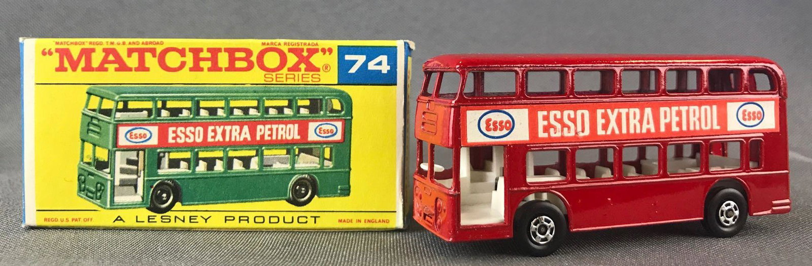 Matchbox No. 74 Daimler Bus Die-Cast Vehicle with: Red body, BPW. Esso Extra Petrol decals. A Lesney Product. Made in England, F Box