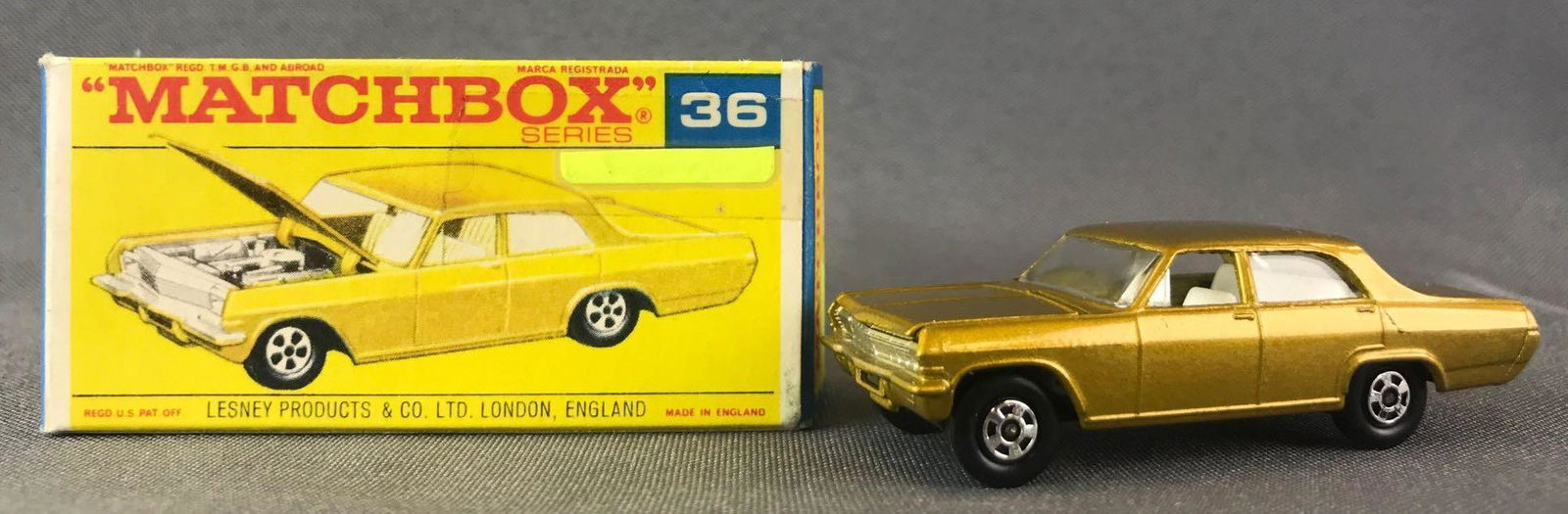 Matchbox No. 36 Opel Diplomat Die-Cast Vehicle with: Gold body, BPW. A Lesney Product. Made in England, F Box
