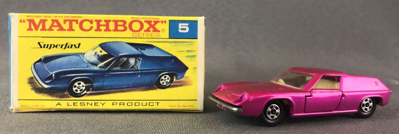 Matchbox Superfast No. 5 Lotus Europa Die-Cast Vehicle: Fuschia body, BPW. A Lesney Product. Made in England, F Superfast BoxÊ