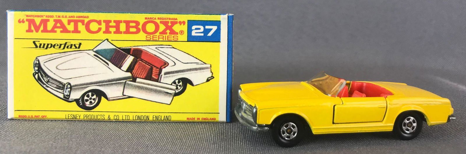 Matchbox Superfast No. 27 Mercedes-Benz 230 SL Die-Cast: Yellow body, BPW. A Lesney Product. Made in England, F Superfast Box