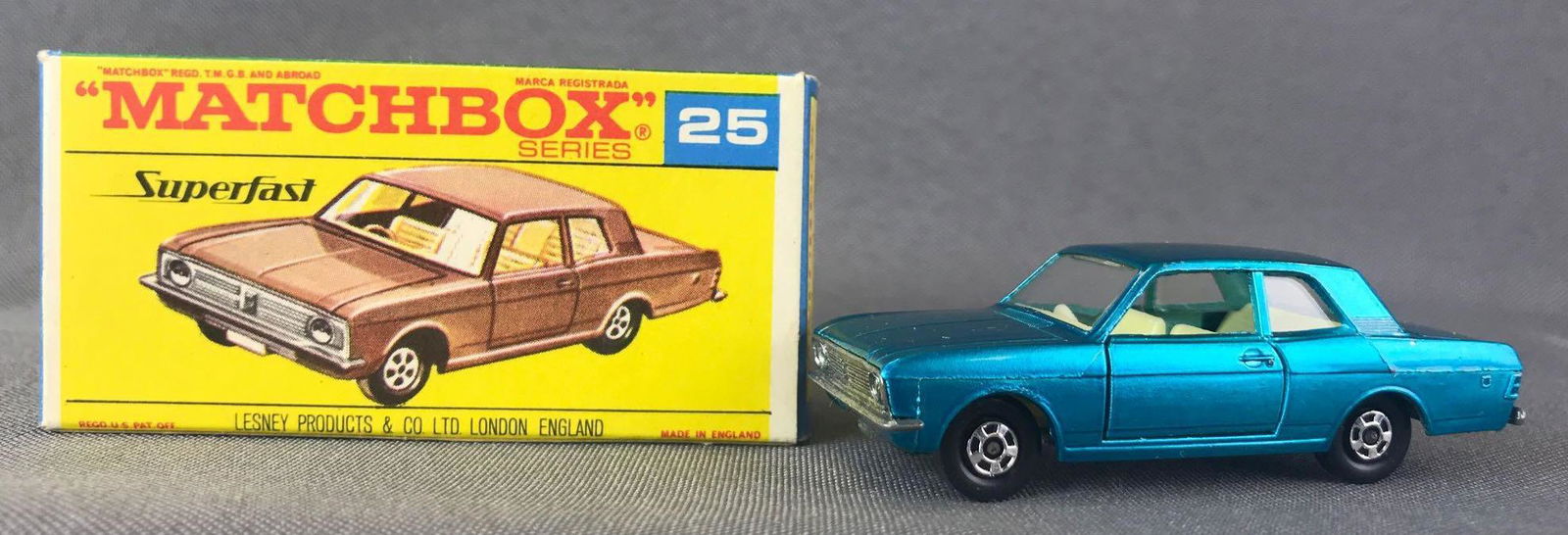 Matchbox Superfast No. 25 Ford Cortina GT Die-Cast: Turquoise body, BPW. A Lesney Product. Made in England, F Superfast Box