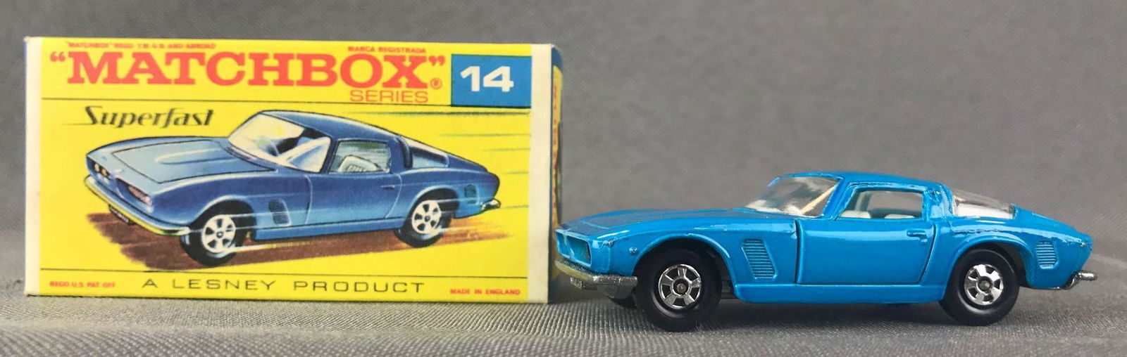 Matchbox Superfast No. 14 ISO Grifo Die-Cast Vehicle: Blue body, BPW. A Lesney Product. Made in England, F Superfast Box