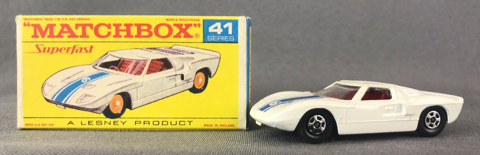 Matchbox Superfast No. 41 Ford GT Die-Cast Vehicle with: White body, BPW, blue/white stripe/6 decal. A Lesney Product. Made in England, F Superfast Box