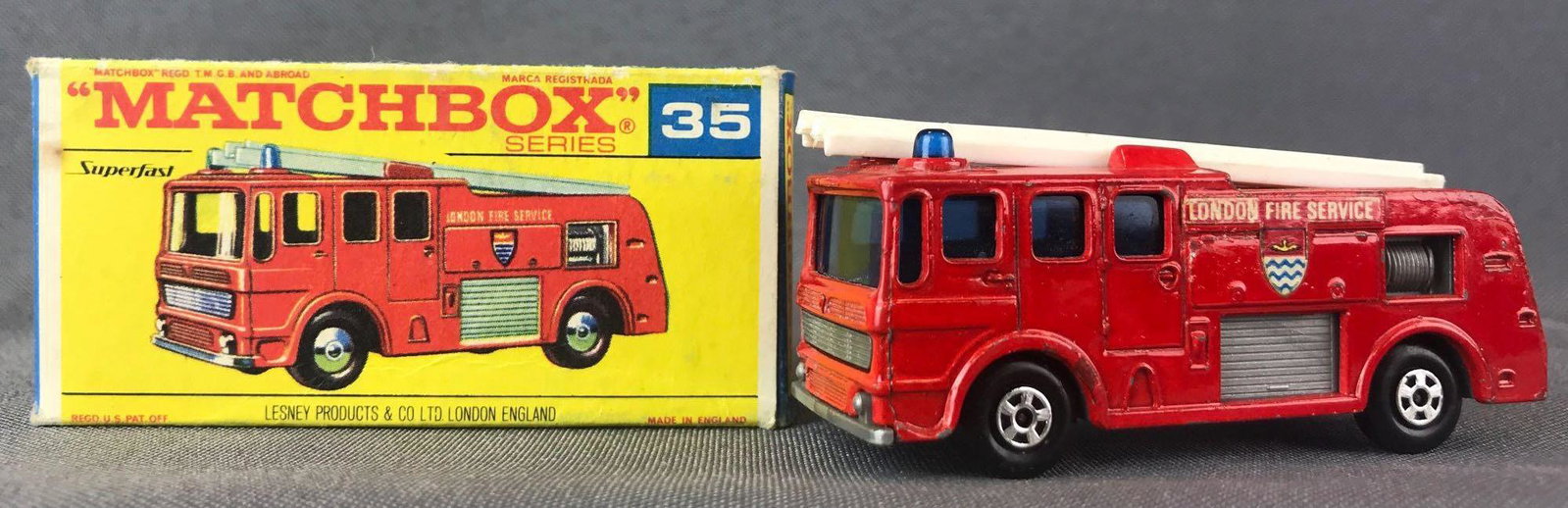 Matchbox Superfast No. 35 Merryweather Fire Engine: Red body, blue windows, BPW, London Fire Service decals. A Lesney Product. Made in England, F Superfast Box