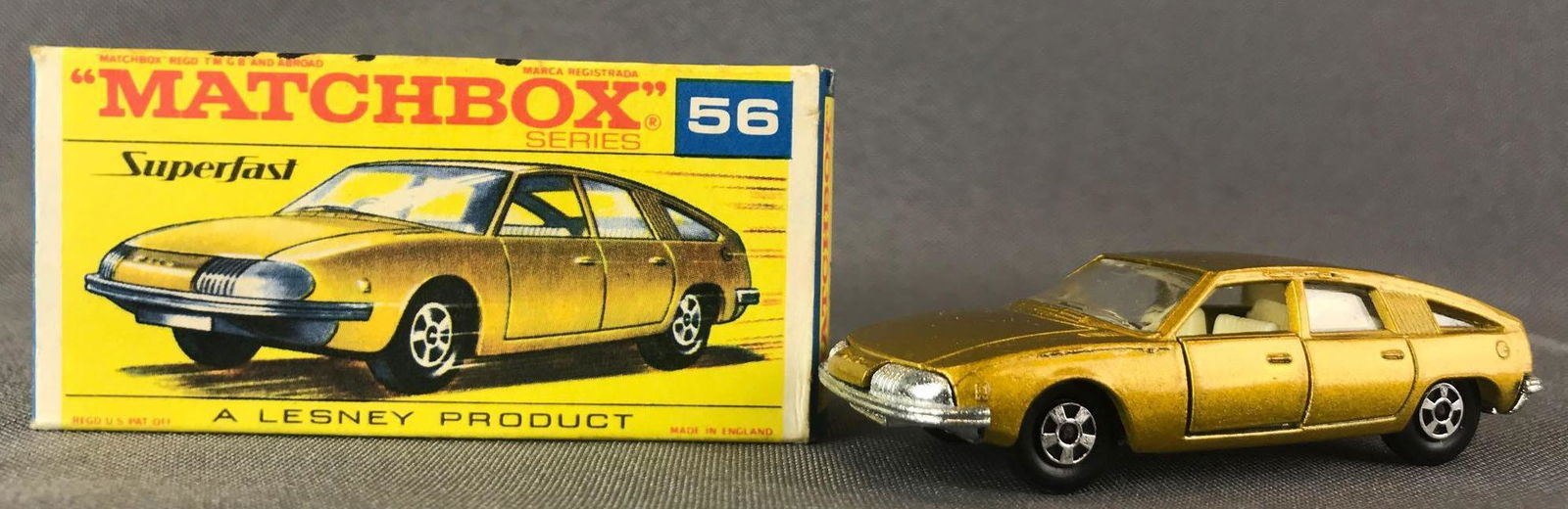 Matchbox Superfast No. 56 BMC 1800 Pininfarina Die-Cast: Gold body, BPW. A Lesney Product. Made in England, F Superfast Box