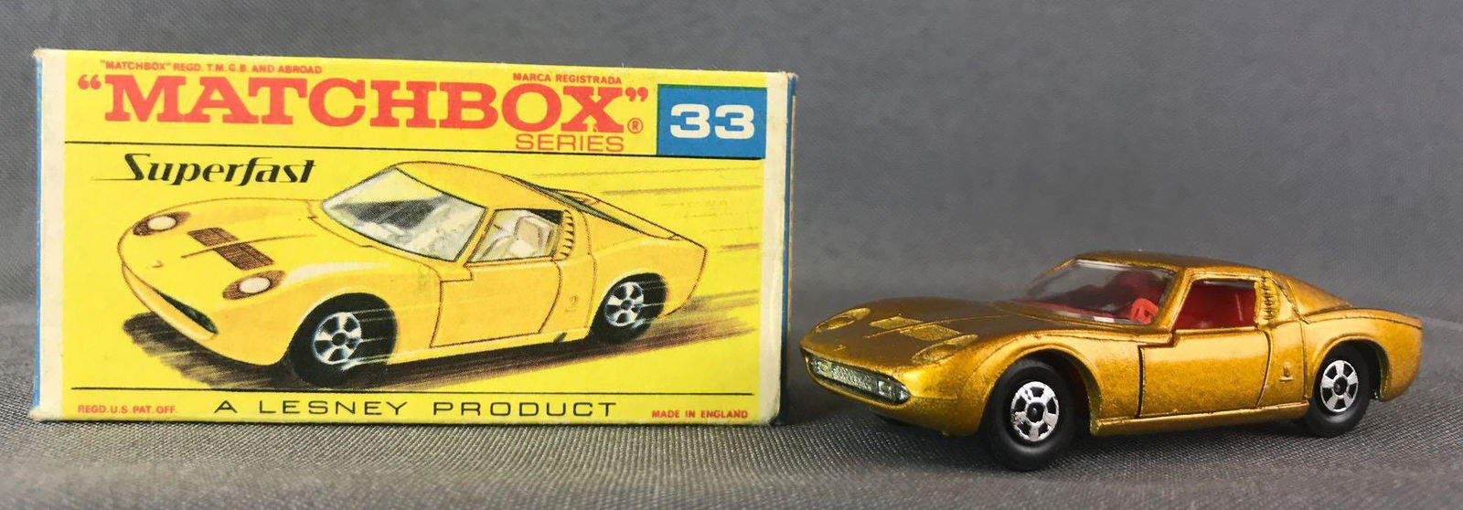Matchbox Superfast No. 33 Lamborghini Miura P400: Gold body, BPW. A Lesney Product. Made in England, F Superfast Box