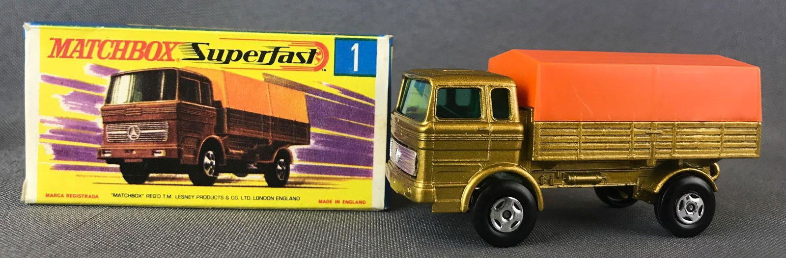 Matchbox Superfast No. 1 Mercedes Truck Die-Cast: Gold body, blue/green windows, BPW. A Lesney Product. Made in England, G Box