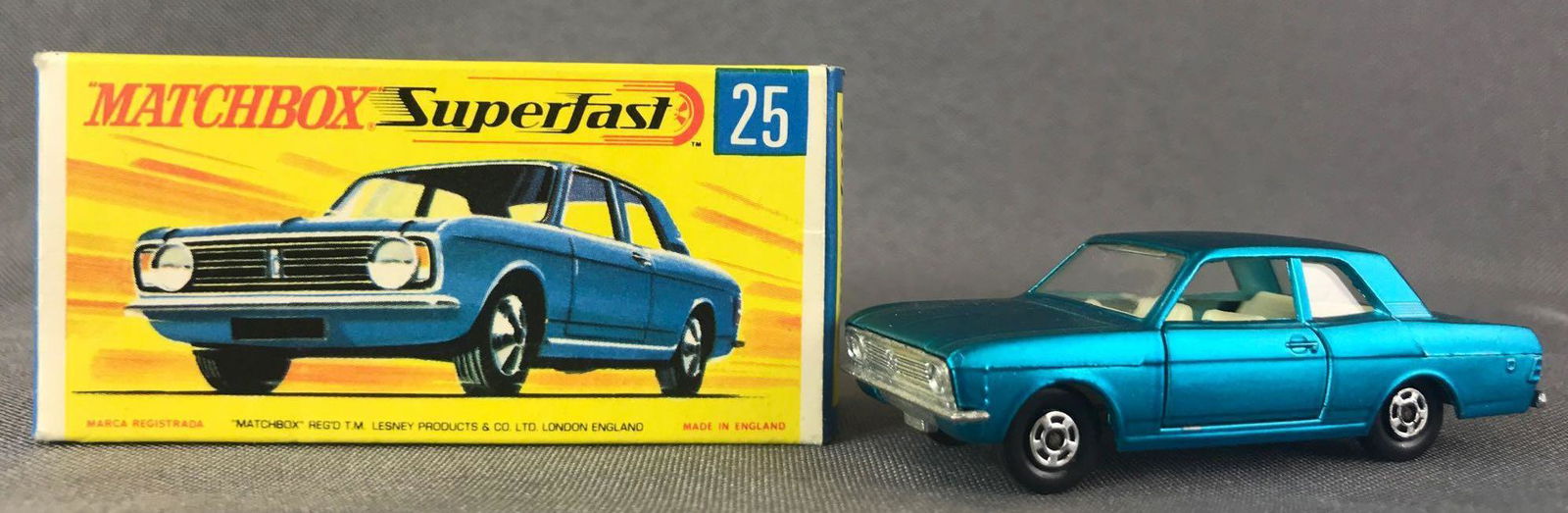 Matchbox Superfast No. 25 Ford Cortina GT Die-Cast: Turquoise body, BPW. A Lesney Product. Made in England, G Box