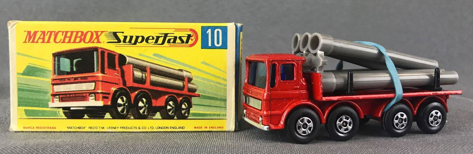 Matchbox Superfast No. 10 Pipe Truck Die-Cast Vehicle: Red body, blue windows, BPW. A Lesney Product. Made in England, G Box