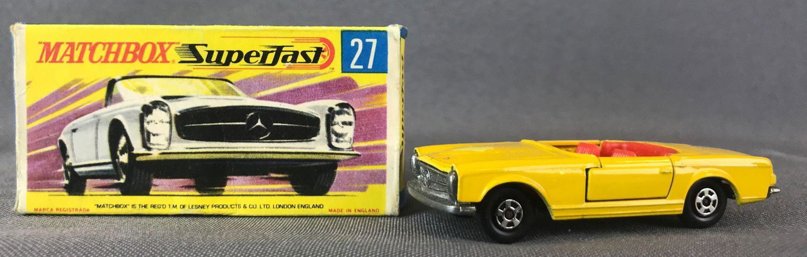 Matchbox Superfast No. 27 Mercedes 230 SL Die-Cast: Yellow body, BPW. A Lesney Product. Made in England, G Box