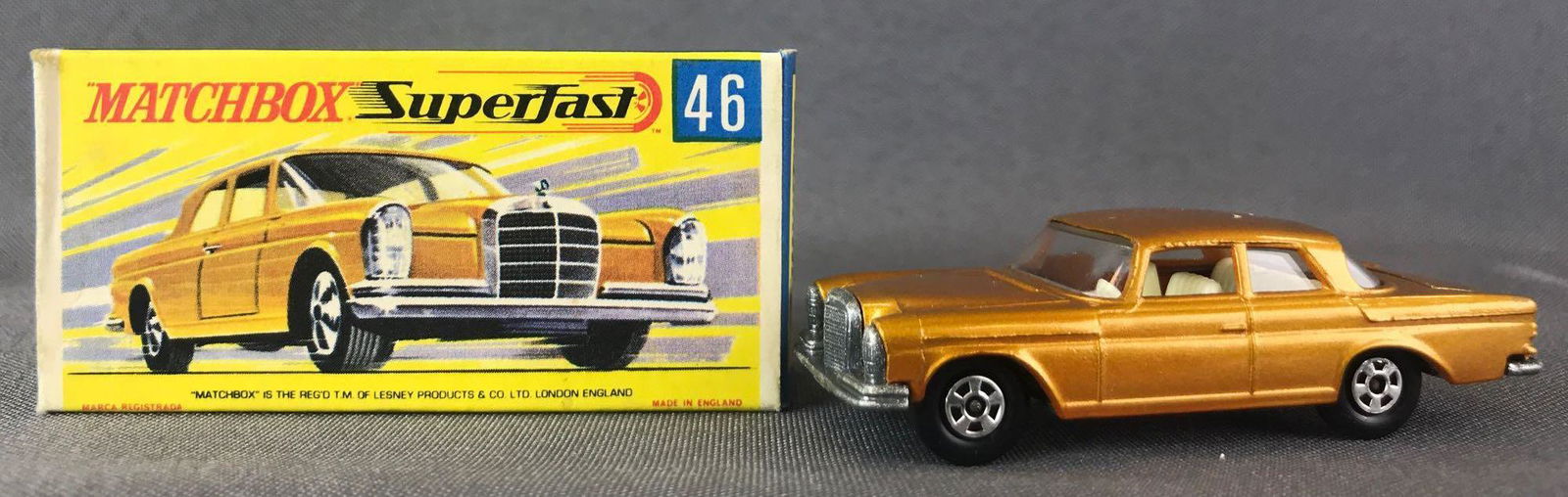Matchbox Superfast No. 46 Mercedes 300 SE Die-Cast: Gold body, BPW. A Lesney Product. Made in England, G Box