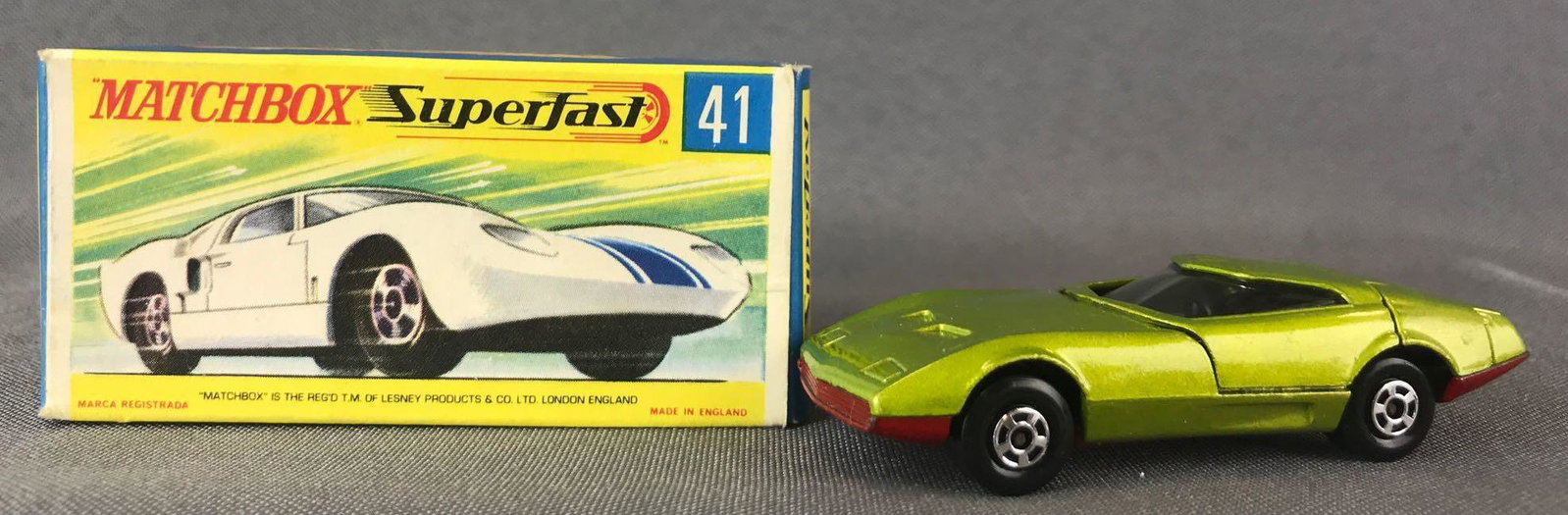 Matchbox Superfast No. 41 Ford GT Box with Dodge: Miss Match Box and Car, Lime green body, red base, BPW. A Lesney Product. Made in England, G Box
