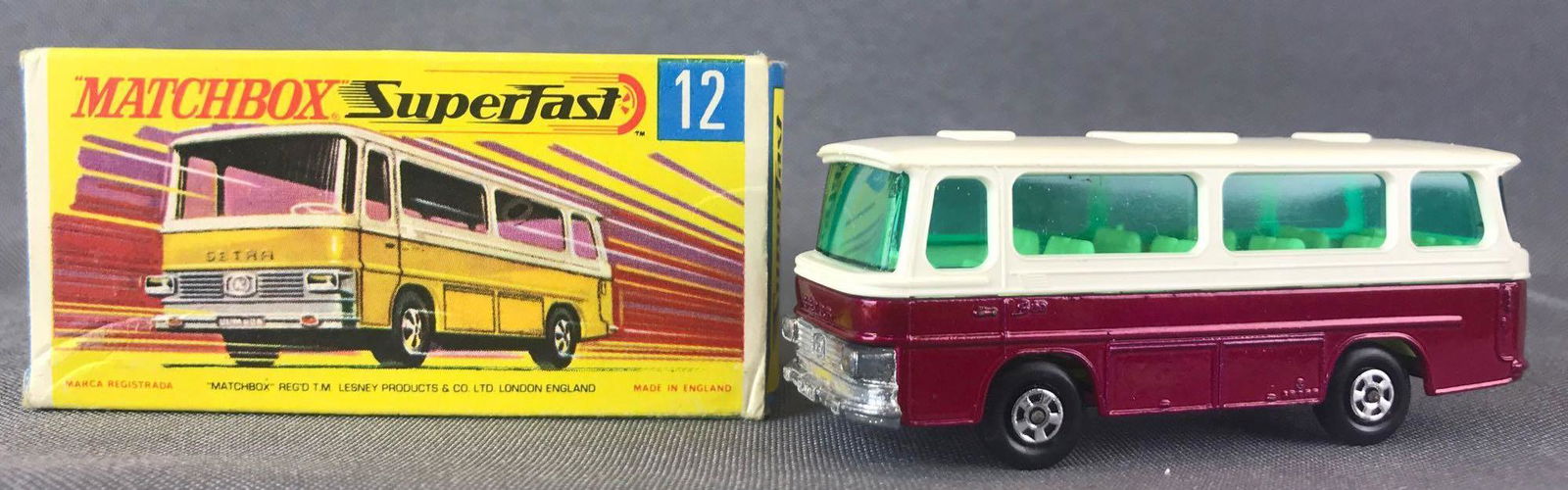 Matchbox Superfast No. 12 Setra Coach Die-Cast Vehicle: Fuschia body, blue/green windows, BPW. A Lesney Product. Made in England, G Box