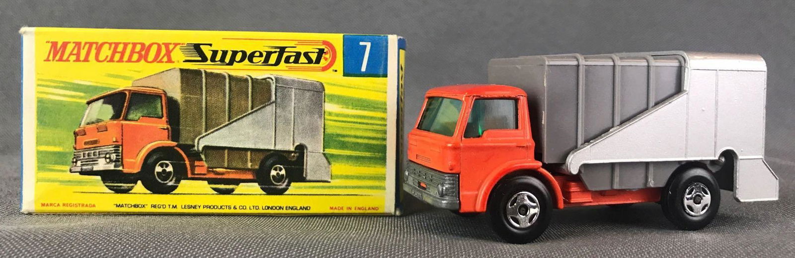 Matchbox Superfast No. 7 Ford Refuse Truck Die-Cast: Orange body, blue/green windows, BPW. A Lesney Product. Made in England, G Box