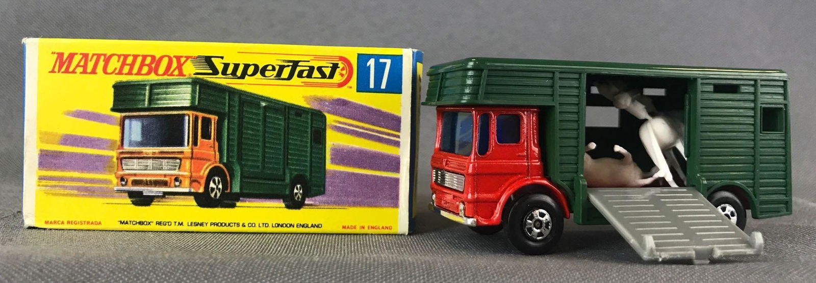Matchbox Superfast No. 17 Horse Box Die-Cast Vehicle: Red body/base, blue windows, BPW, with horses. A Lesney Product. Made in England, G Box