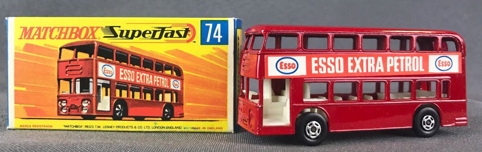 Matchbox Superfast No. 74 Daimler Bus Die-Cast Vehicle: Red body/base, BPW, Esso Extra Petrol decals. A Lesney Product. Made in England, G Box