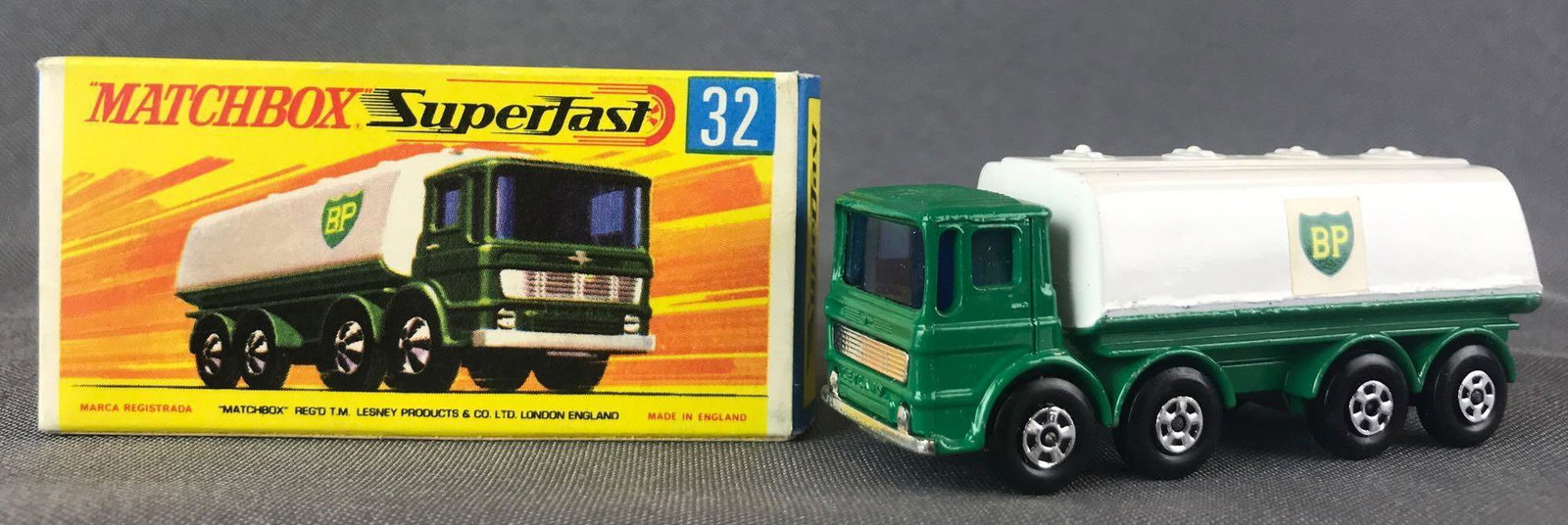 Matchbox Superfast No. 32 Leyland Petrol Tanker: Hard to Find with Sticker Located in the Middle of Tanker, White/green body, blue windows, BPW, BP decals. A Lesney Product. Made in England, G Box
