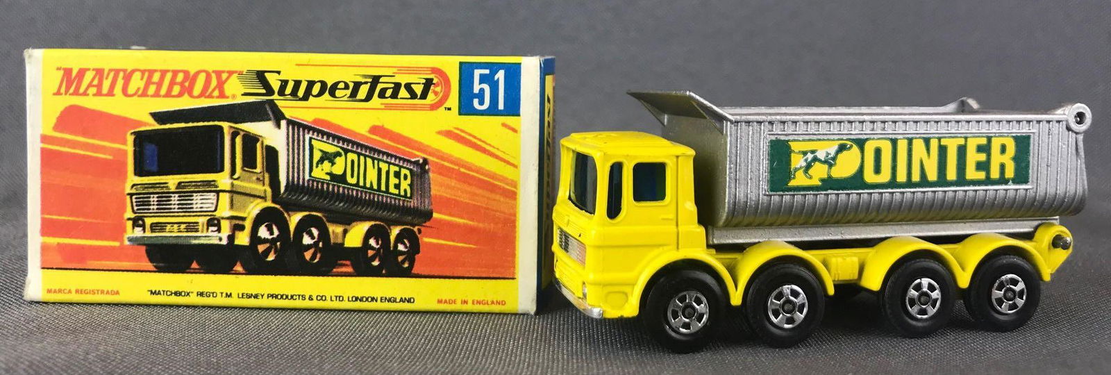 Matchbox Superfast No. 51 8 Wheel Tipper Die-Cast: Silver/yellow body, blue windows, BPW, Pointer decals. A Lesney Product. Made in England, G Box