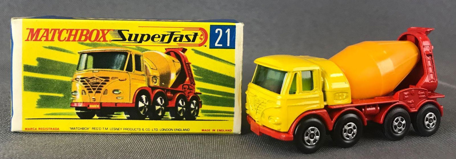 Matchbox Superfast No. 21 Foden Concrete Truck Die-Cast: Yellow/red body, green base, blue/green windows, BPW. A Lesney Product. Made in England, G Box