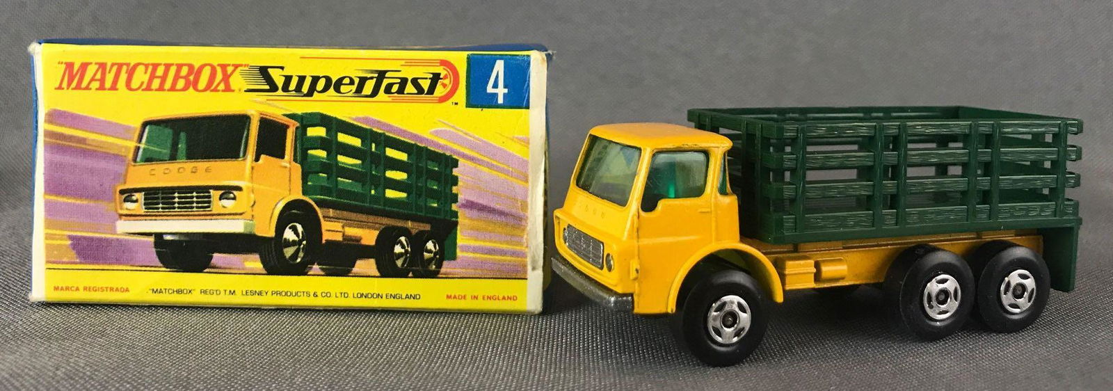 Matchbox Superfast No. 4 Stake Truck Die-Cast Vehicle: Yellow body, blue/green windows, BPW. A Lesney Product. Made in England, G Box
