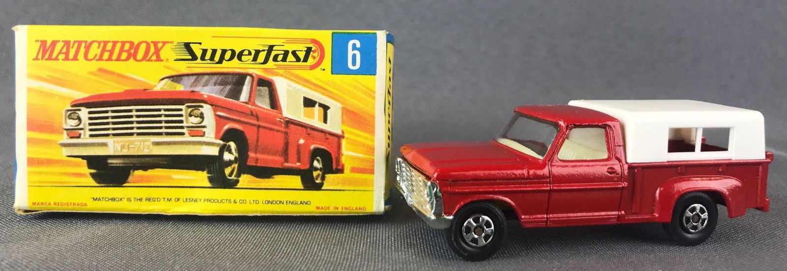 Matchbox Superfast No. 6 Ford Pick-Up Die-Cast Vehicle: Red body, BPW. A Lesney Product. Made in England, G Box