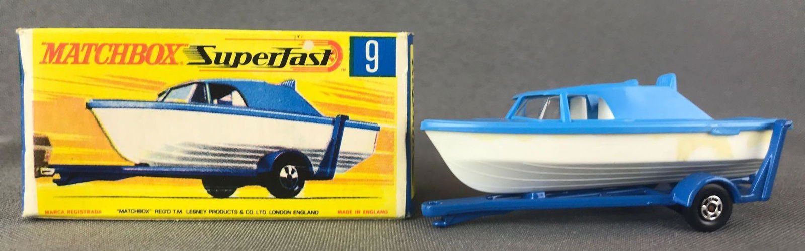 Matchbox Superfast No. 9 Boat and Trailer Die-Cast: Blue body, BPW. A Lesney Product. Made in England, G Box