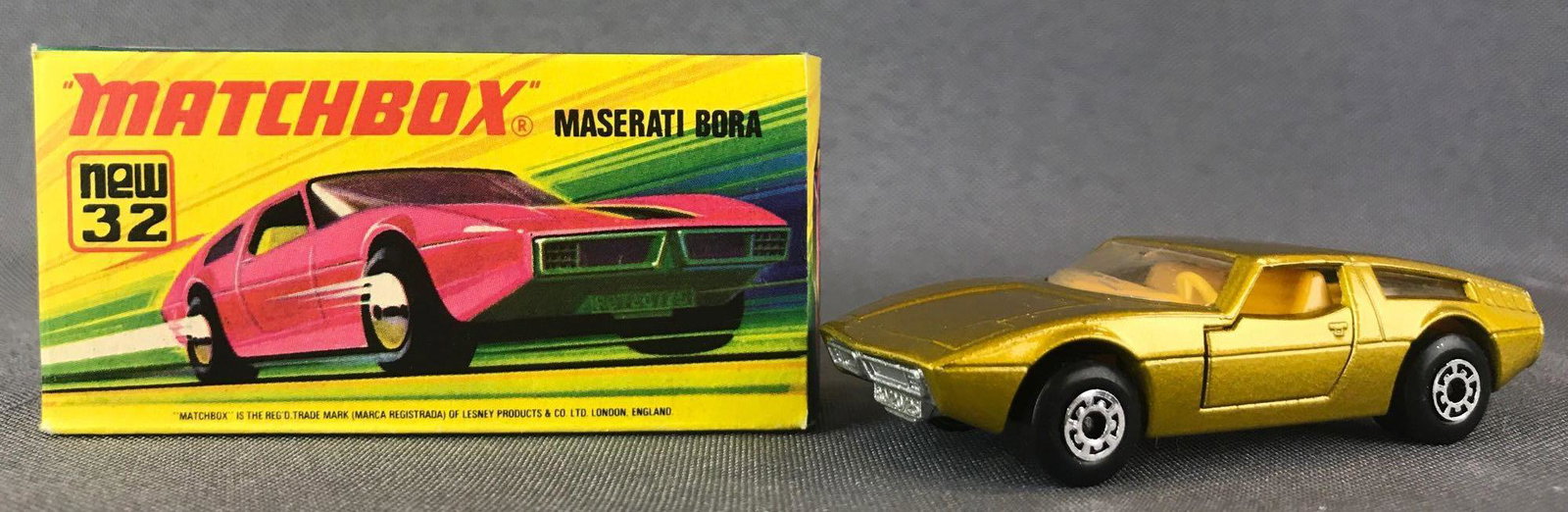 Rare Matchbox Superfast No. 32 Maserati Bora Die-Cast: Hard to Find Gold body, BPW. A Lesney Product. Made in England, I Box