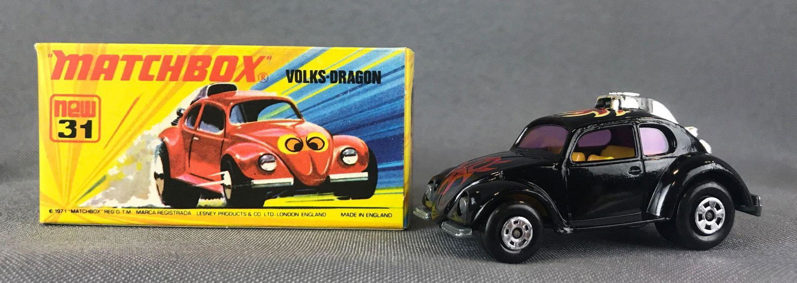 Matchbox Superfast No. 31 Volks-Dragon Die-Cast Vehicle: Black body, purple windows, BPW, flame decals. A Lesney Product. Made in England, I Box