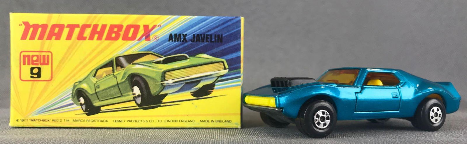 Rare Matchbox Superfast No. 9 AMX Javelin Die-Cast: Hard to Find Blue body, amber windows, BPW. A Lesney Product. Made in England, I Box