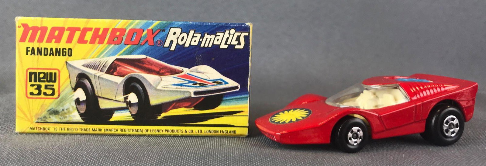 Matchbox Rola-matics Superfast No. 35 Fandango Die-Cast: Red body, BPW, black/yellow sun decal. A Lesney Product. Made in England, I Box