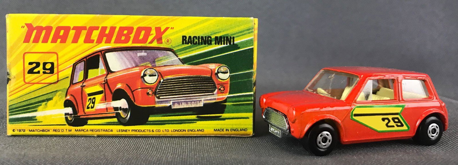 Matchbox Superfast No. 29 Racing Mini Die-Cast Vehicle: Orange body, BPW, yellow/black/green 29 decals. A Lesney Product. Made in England, I Box