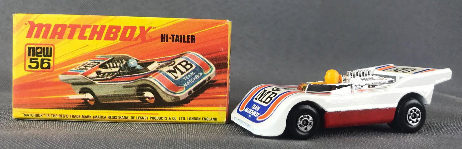 Matchbox Superfast No. 56 Hi-Tailer Die-Cast Vehicle: White body, red base, BPW, white/black/blue/orange 5 Team Matchbox decals. A Lesney Product. Made in England, I Box